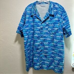 Columbia Blue Fish Print 100% Cotton Short Sleeve Button Down Shirt XXL Outdoor 